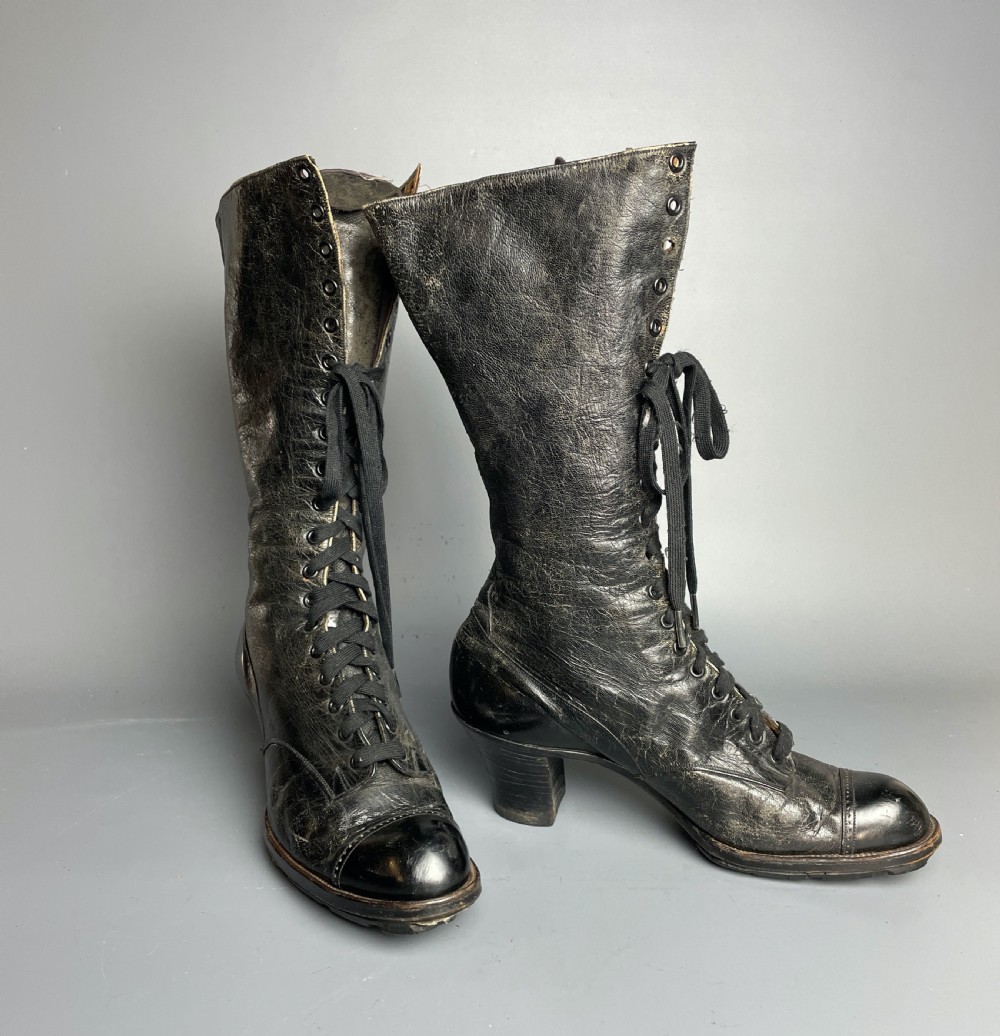 Victorian ladies black leather lace up high top boots View II