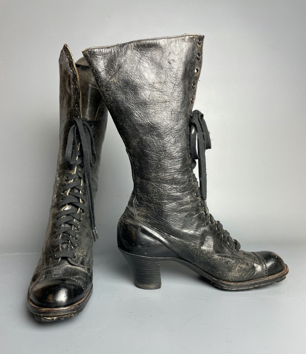 Victorian ladies black leather lace up high top boots View III