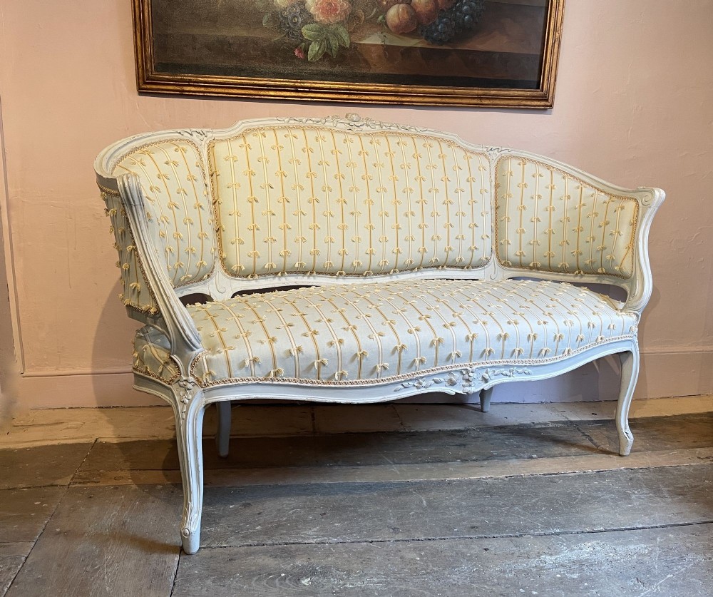 Vintage French Louis XV Style Painted Corbeille Canape Sofa