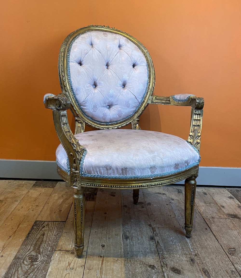 Antique French Carved Giltwood Louis XVI Style Fauteuil Armchair