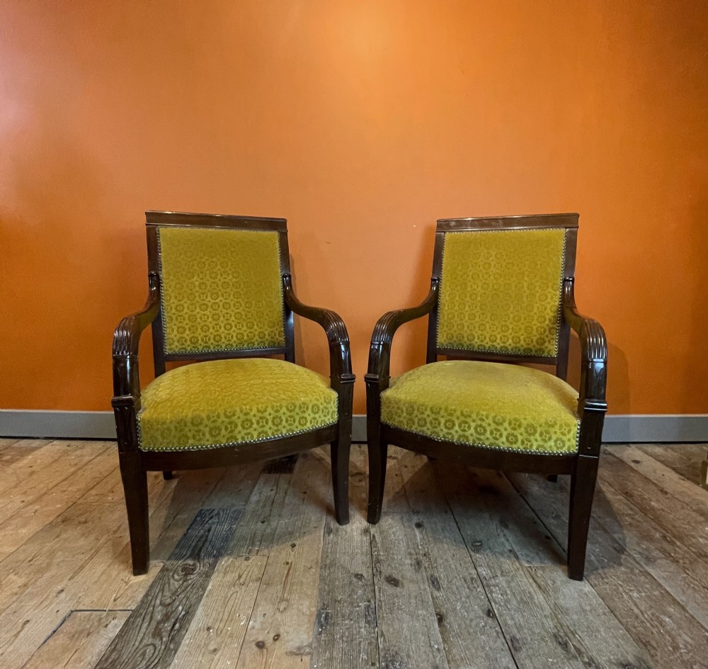 Pair of Vintage French Mahogany Charles X Style Open Armchairs