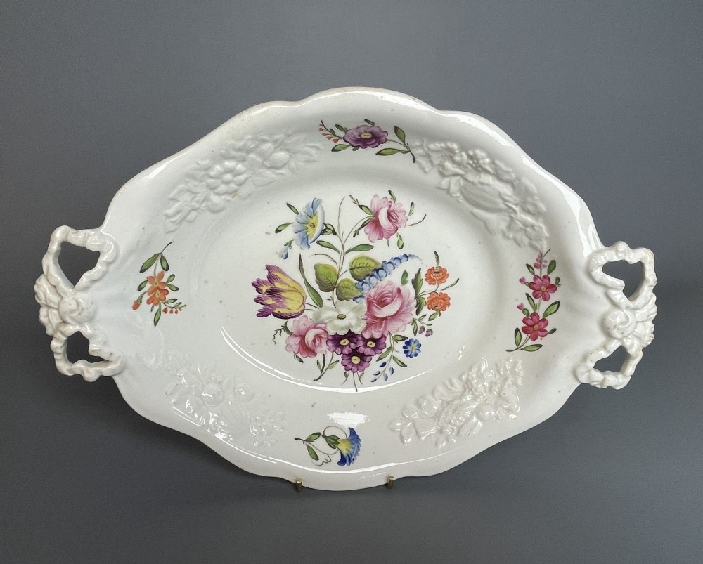 Early Victorian Flower Painted Twin Handled Porcelain Dish