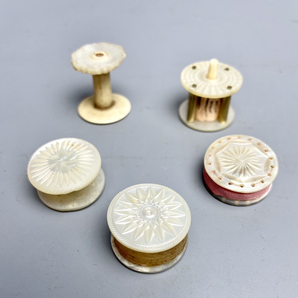 Palais Royale Mother of Pearl Pin Cushion, Tape Measure & Bobbins