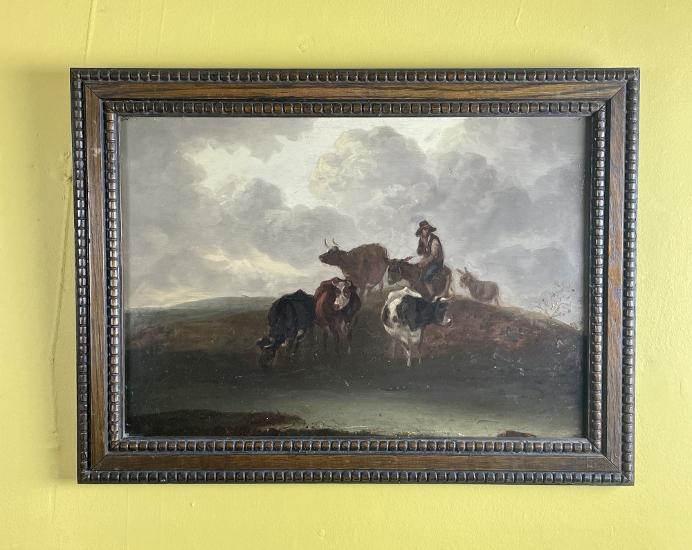 19th Century Dutch School Oil on Panel of Drovers with Cattle