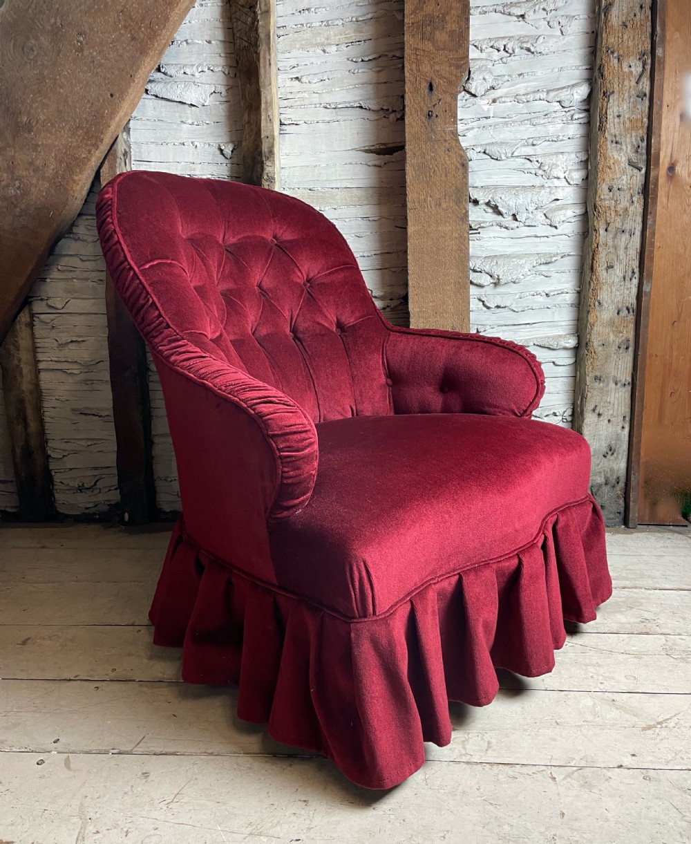 Victorian red velvet button back armchair View II