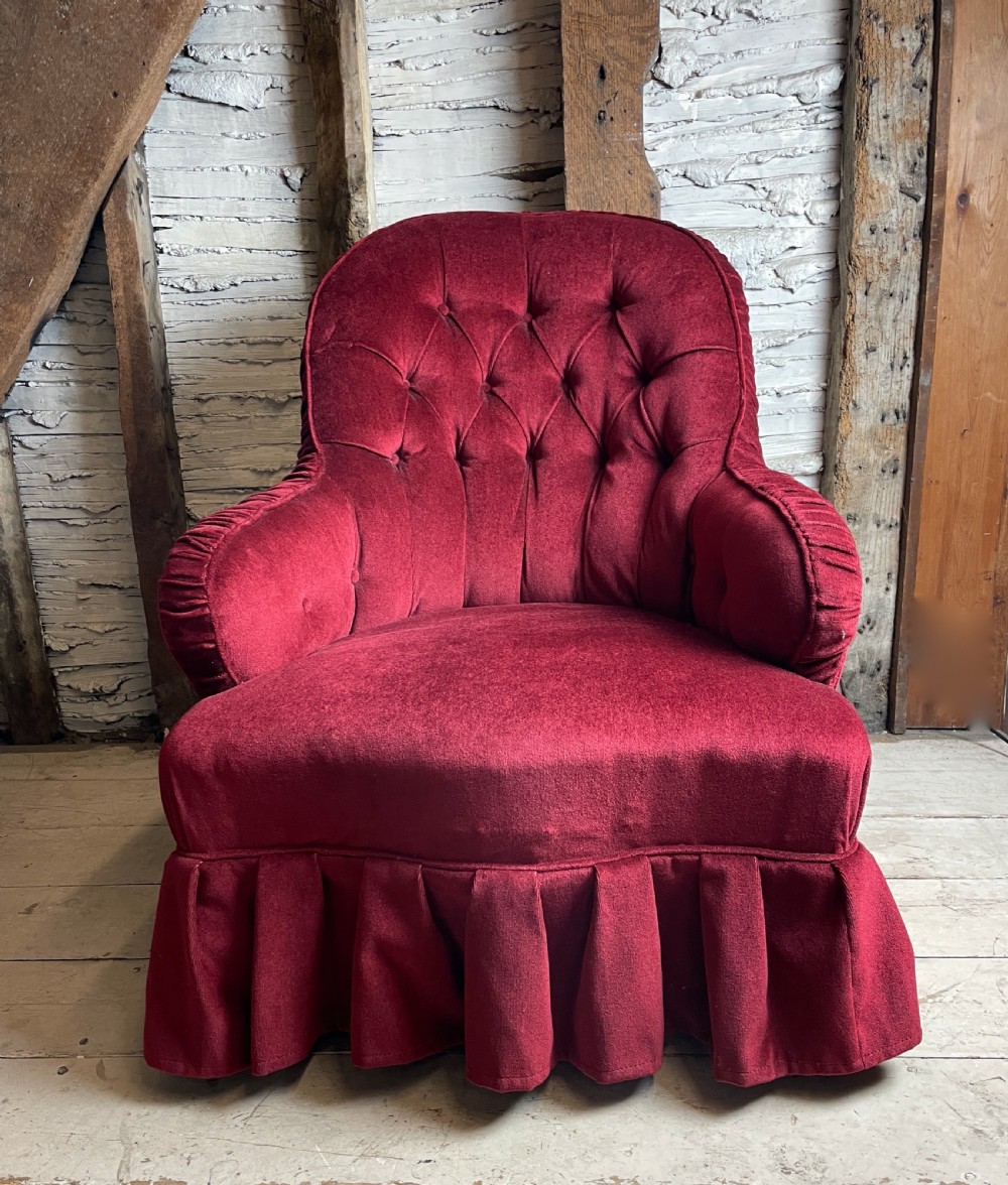Victorian red velvet button back armchair View III