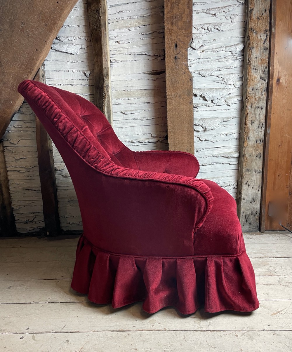 Victorian red velvet button back armchair View IV