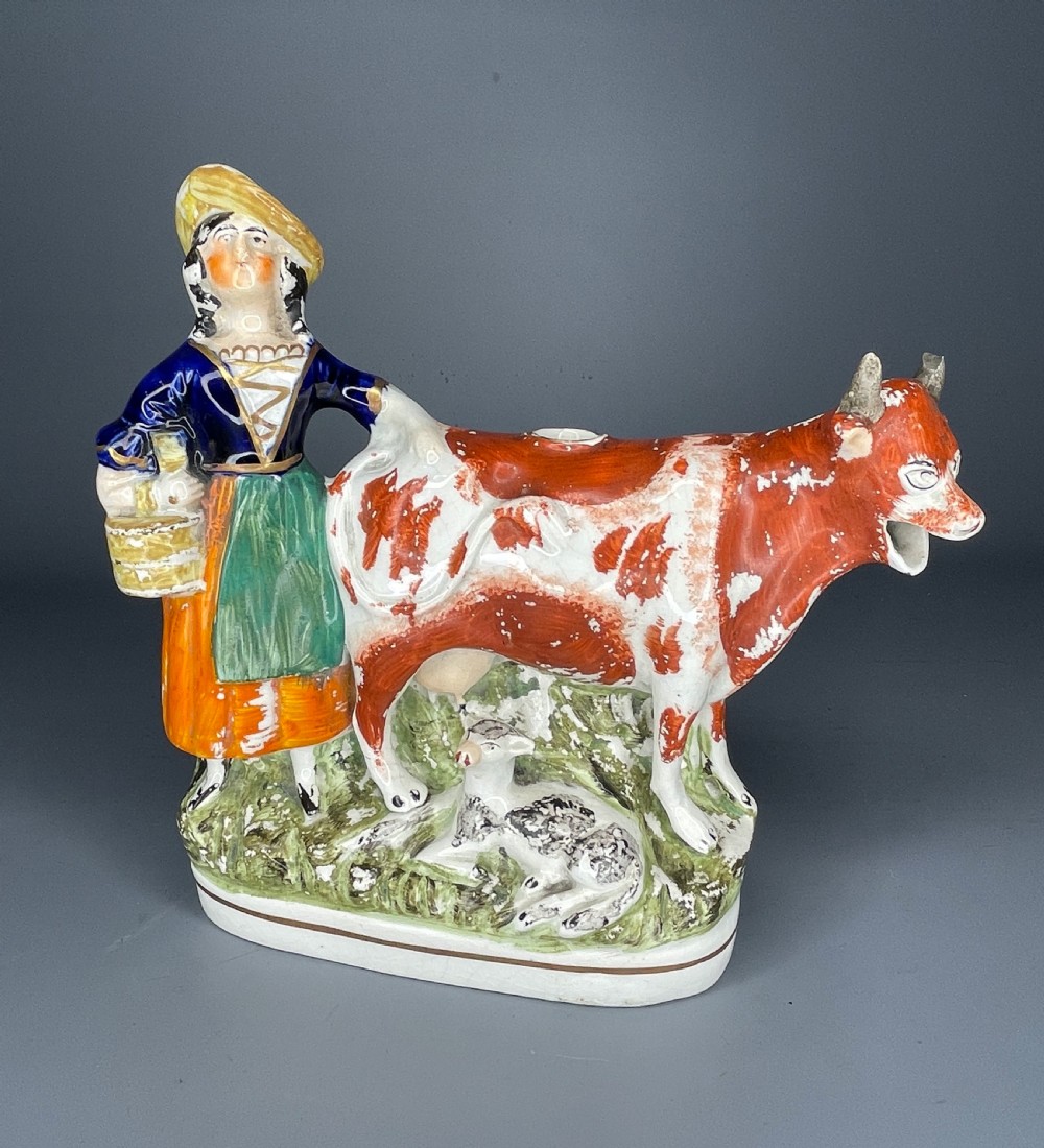 Victorian Staffordshire pottery milkmaid cow creamer View II