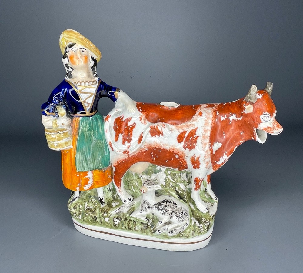 Victorian Staffordshire pottery milkmaid cow creamer View III