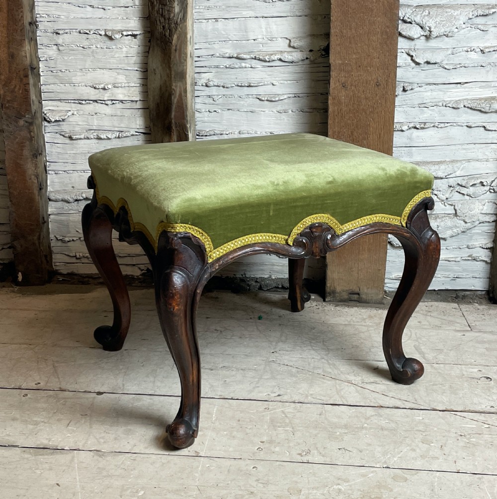 Victorian Green Velvet Upholstered Mahogany Stool View II
