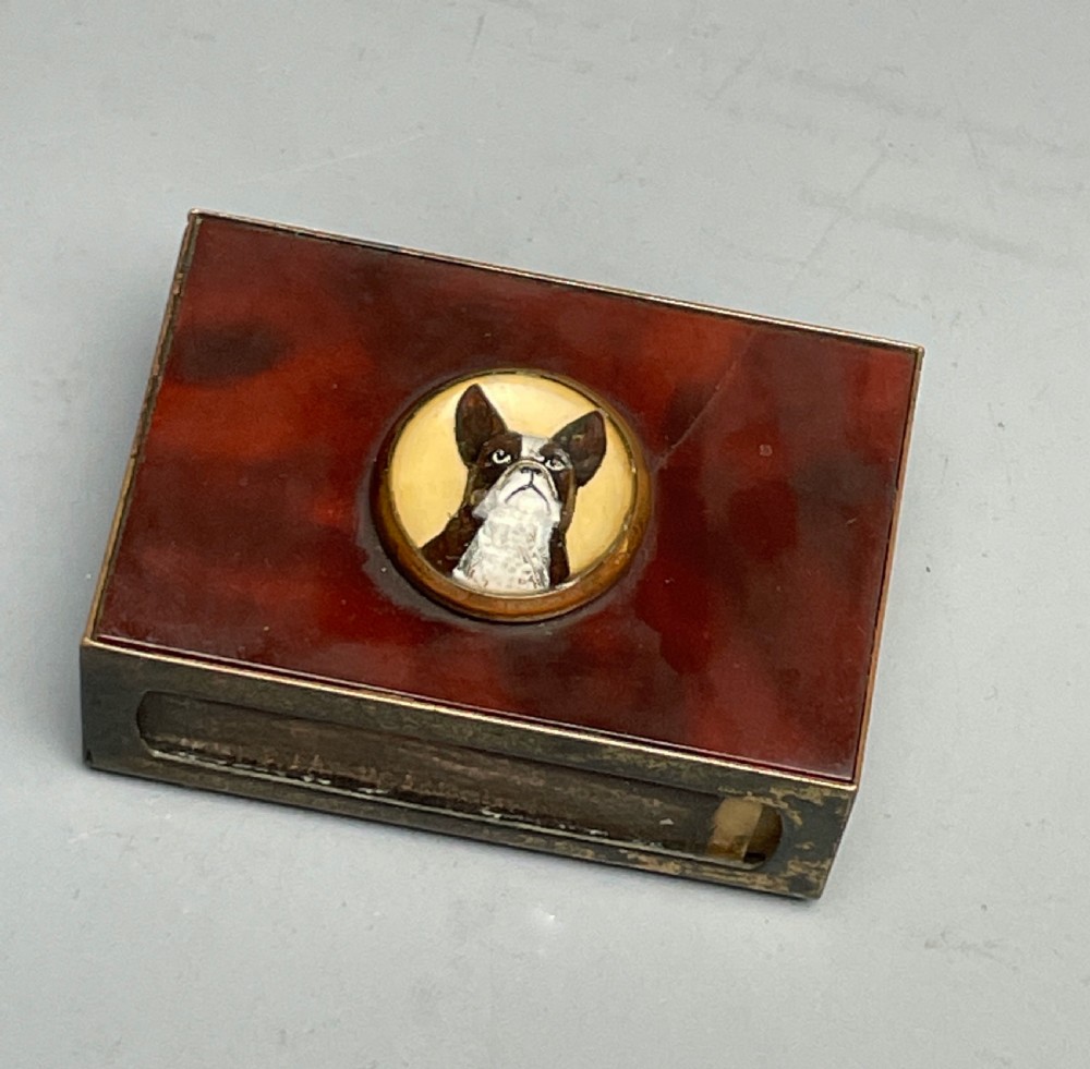 Brass & Celluloid Match Box Holder With Boston Terrier
