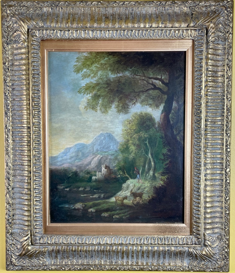 Early 19th Century Oil On Canvas Of Drovers With Goats In A Landscape View II