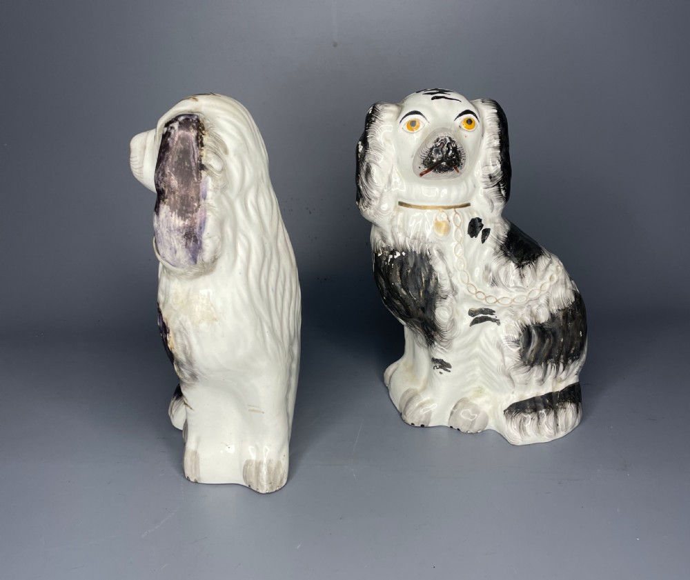 Pair of Victorian Staffordshire black & white spaniels Wally dogs View II