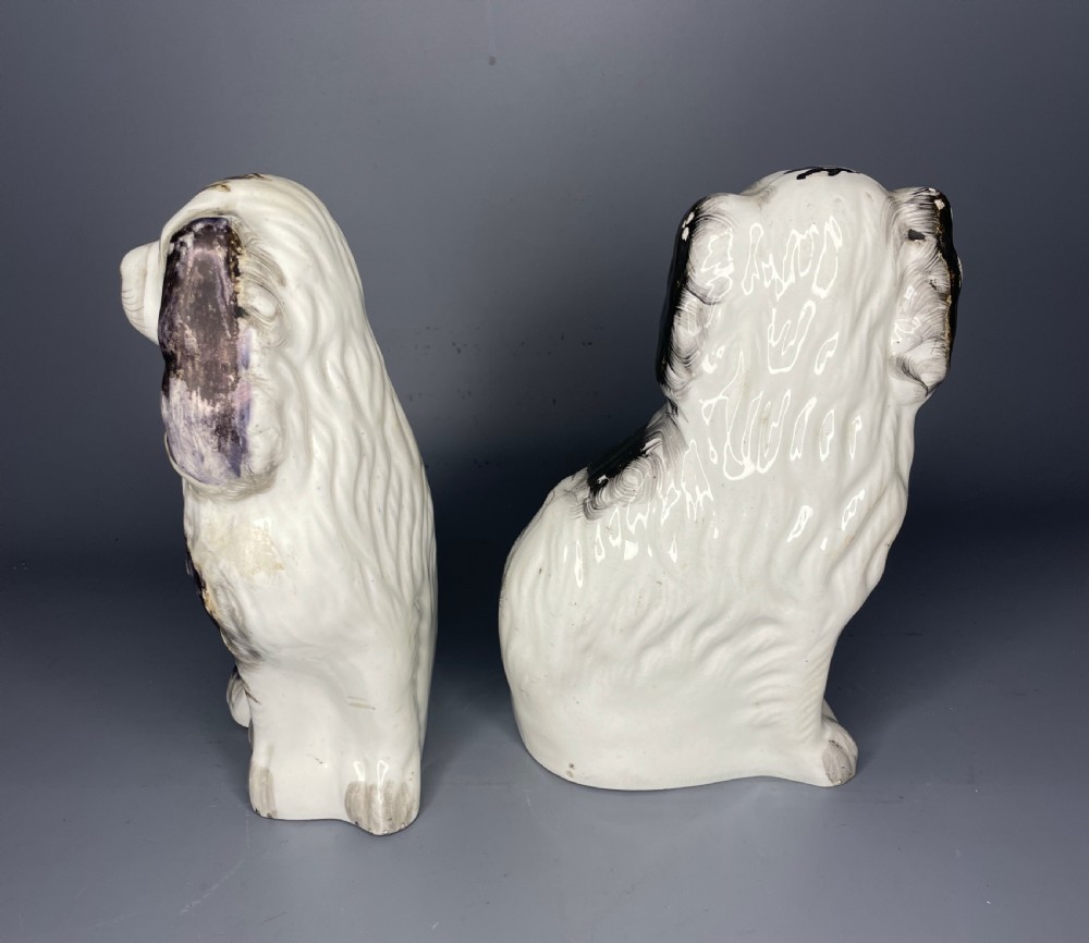 Pair of Victorian Staffordshire black & white spaniels Wally dogs View III