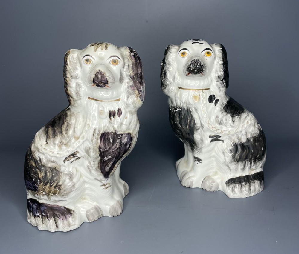Pair of Victorian Staffordshire black & white spaniels Wally dogs View V