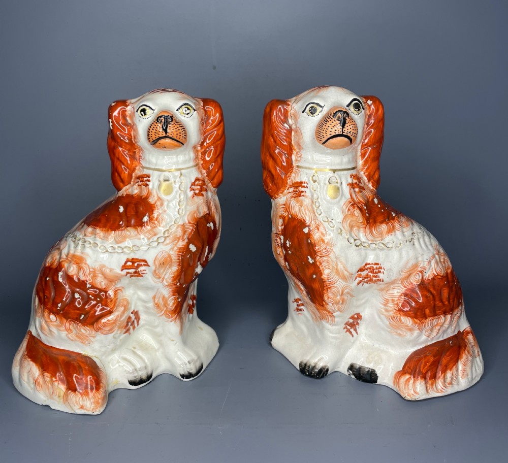 Pair of Staffordshire Pottery Spaniels with tan and white coats View II