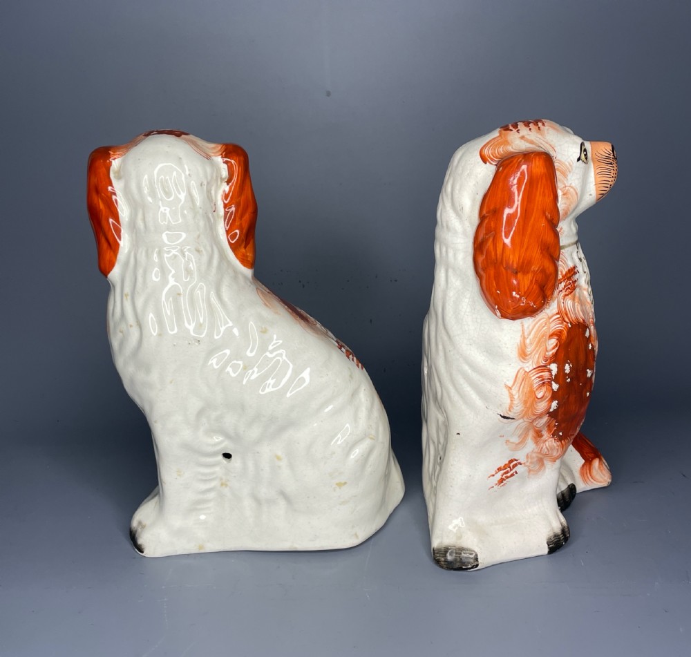 Pair of Staffordshire Pottery Spaniels with tan and white coats View IV