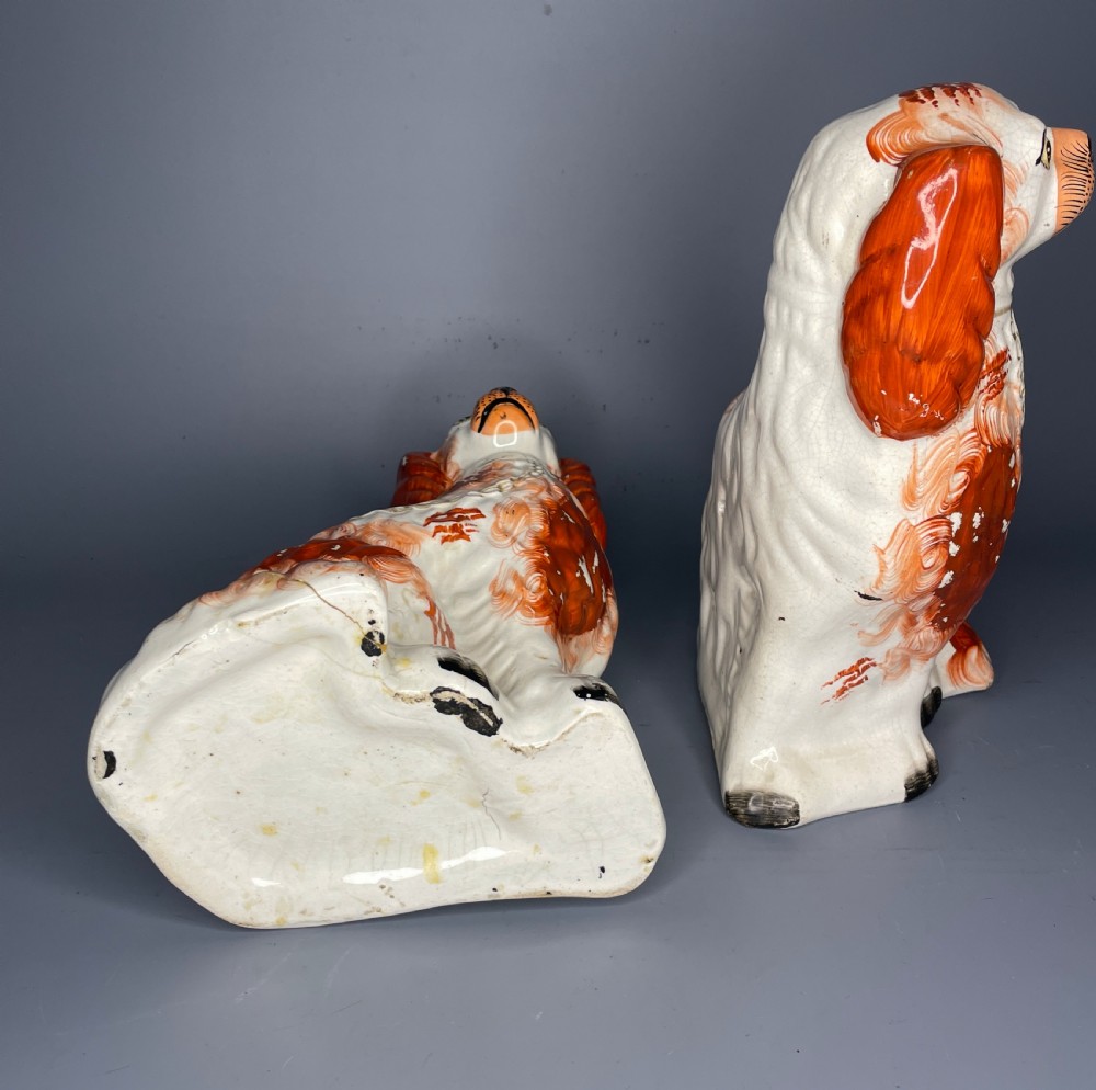 Pair of Staffordshire Pottery Spaniels with tan and white coats View V