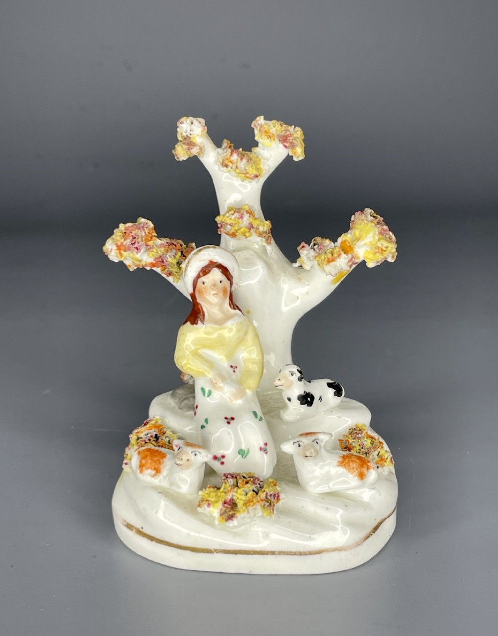 Staffordshire Porcelain Figure of a Shepherdess with her Dog & Sheep c1840