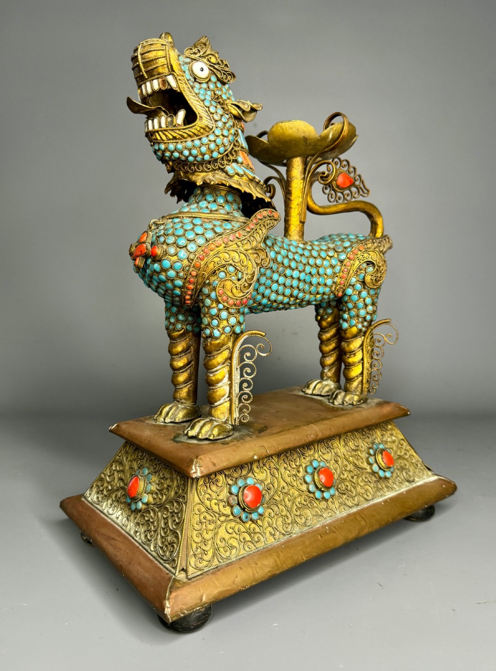 Tibetan Gilt-Metal Lion Vessel inset with turquoise and coral jeweling