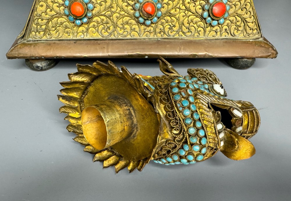 Tibetan Gilt-Metal Lion Vessel inset with turquoise and coral jeweling View III