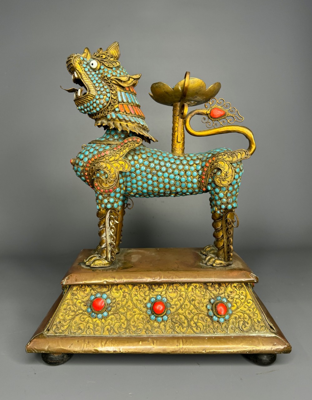 Tibetan Gilt-Metal Lion Vessel inset with turquoise and coral jeweling View IV