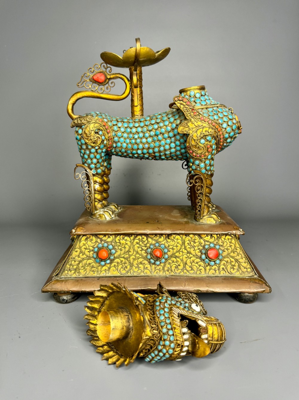 Tibetan Gilt-Metal Lion Vessel inset with turquoise and coral jeweling View V