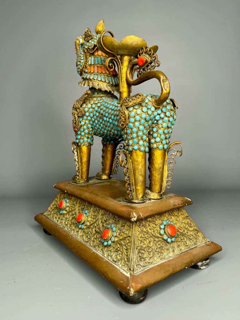 Tibetan Gilt-Metal Lion Vessel inset with turquoise and coral jeweling View VI