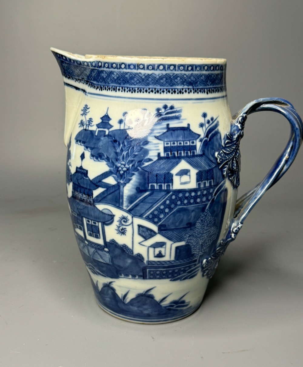 Large Chinese Export blue & white jug of barrel form