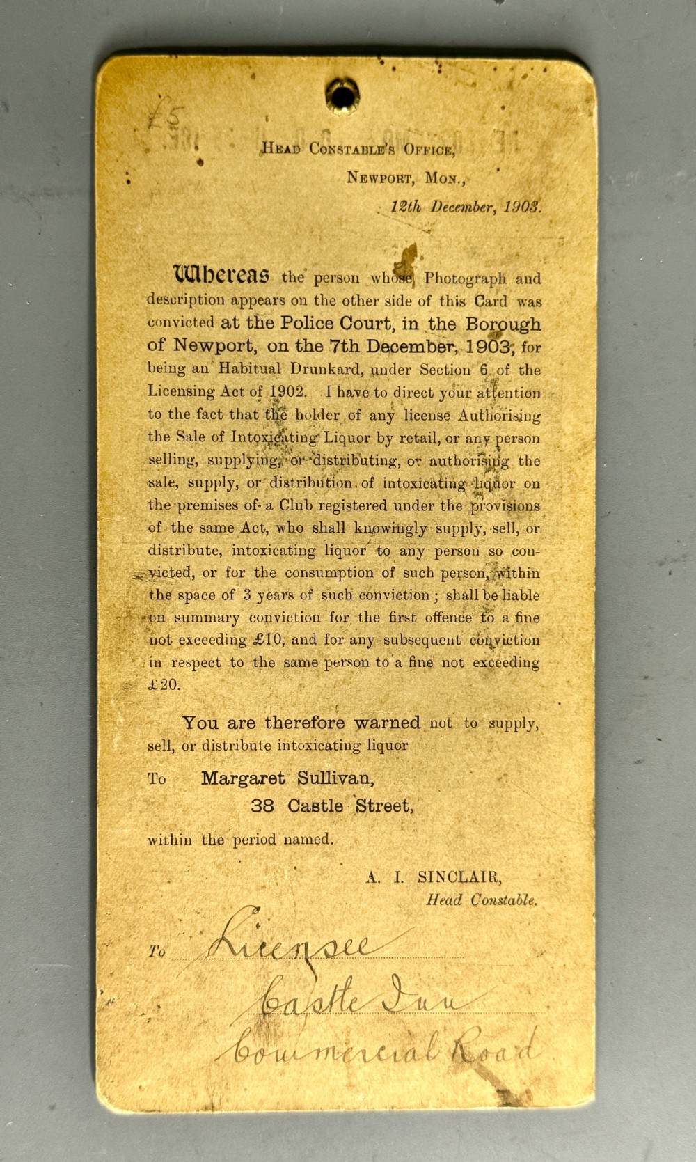 Two Habitual Drunkard Cards from Newport Police 1903 View IV