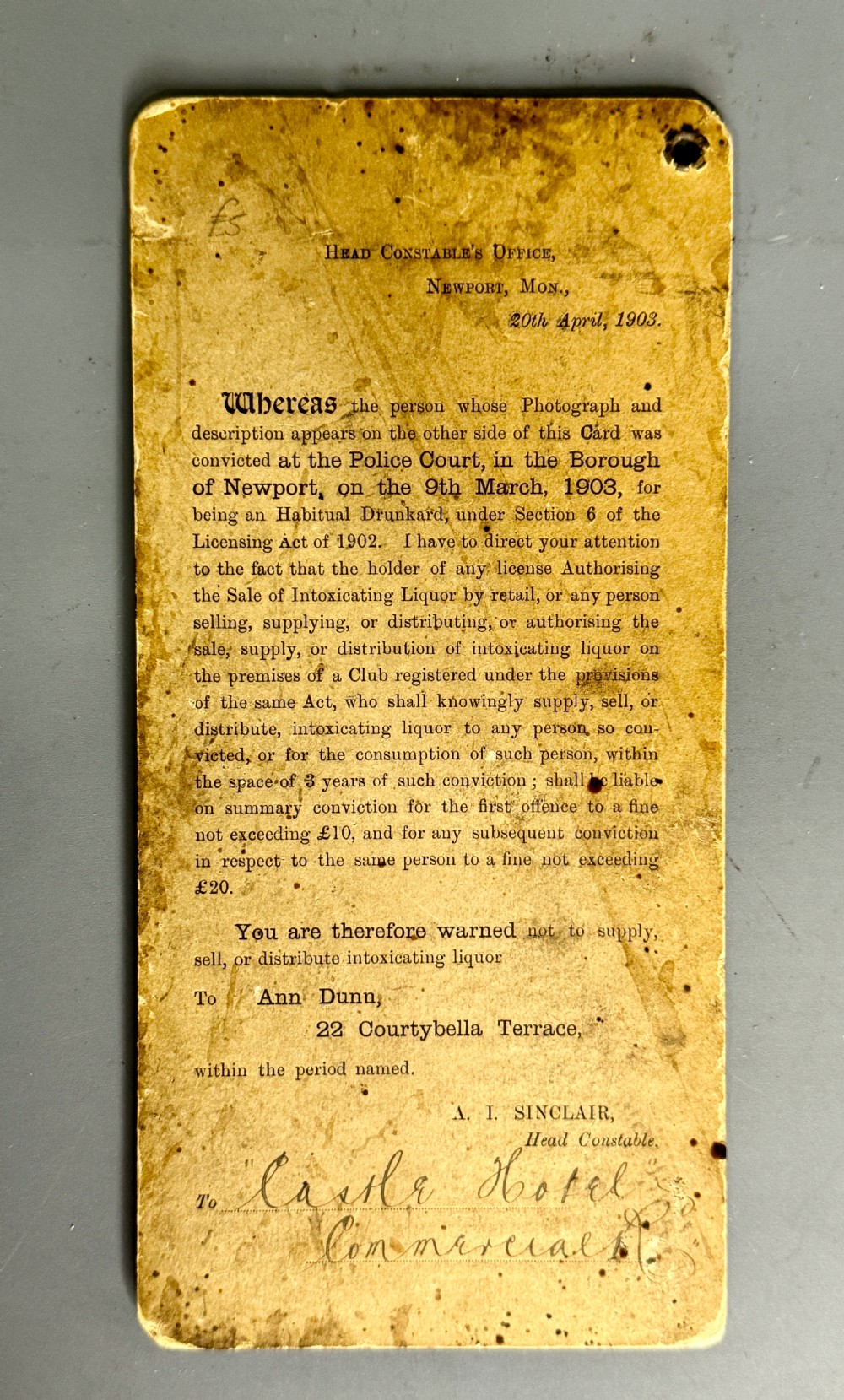 Two Habitual Drunkard Cards from Newport Police 1903 View V