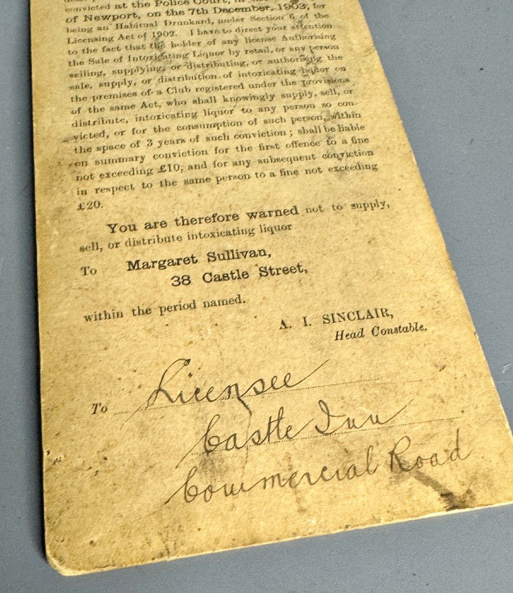 Two Habitual Drunkard Cards from Newport Police 1903 View VII