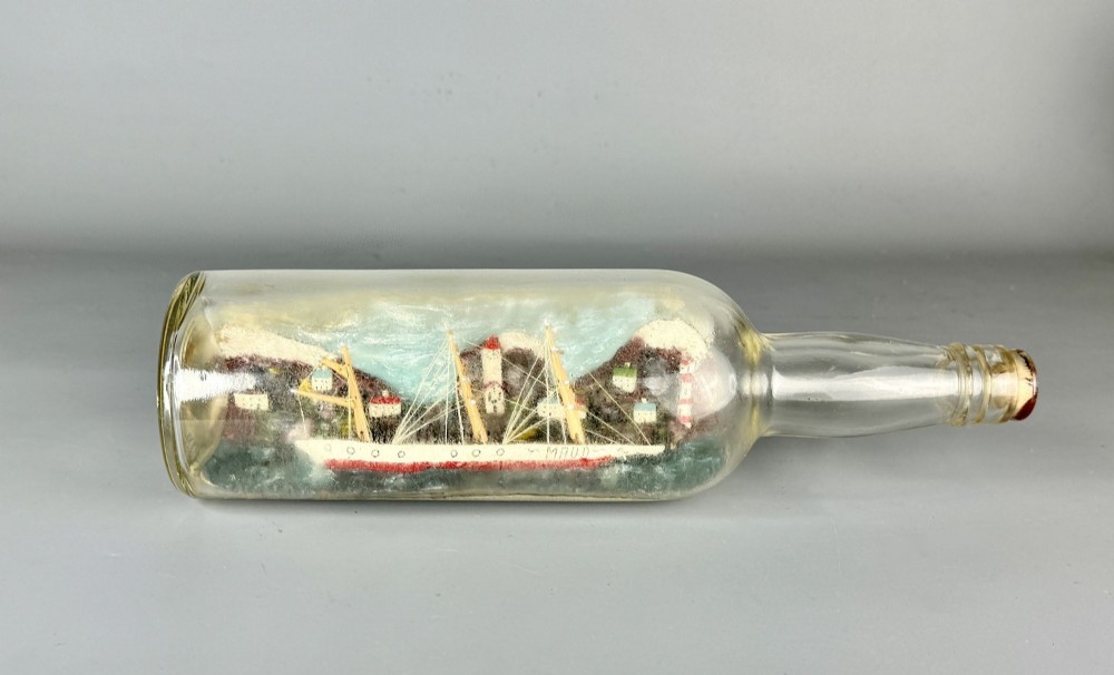 Vintage Folk Art Ship in a Bottle Diorama of a Sailing Ship in a Harbour