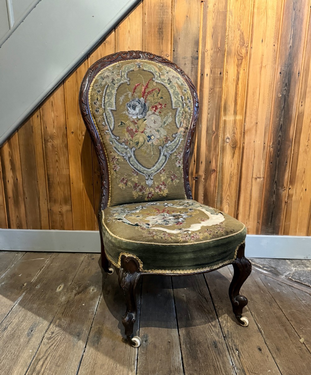 Victorian needlework & beadwork upholstered walnut nursing chair