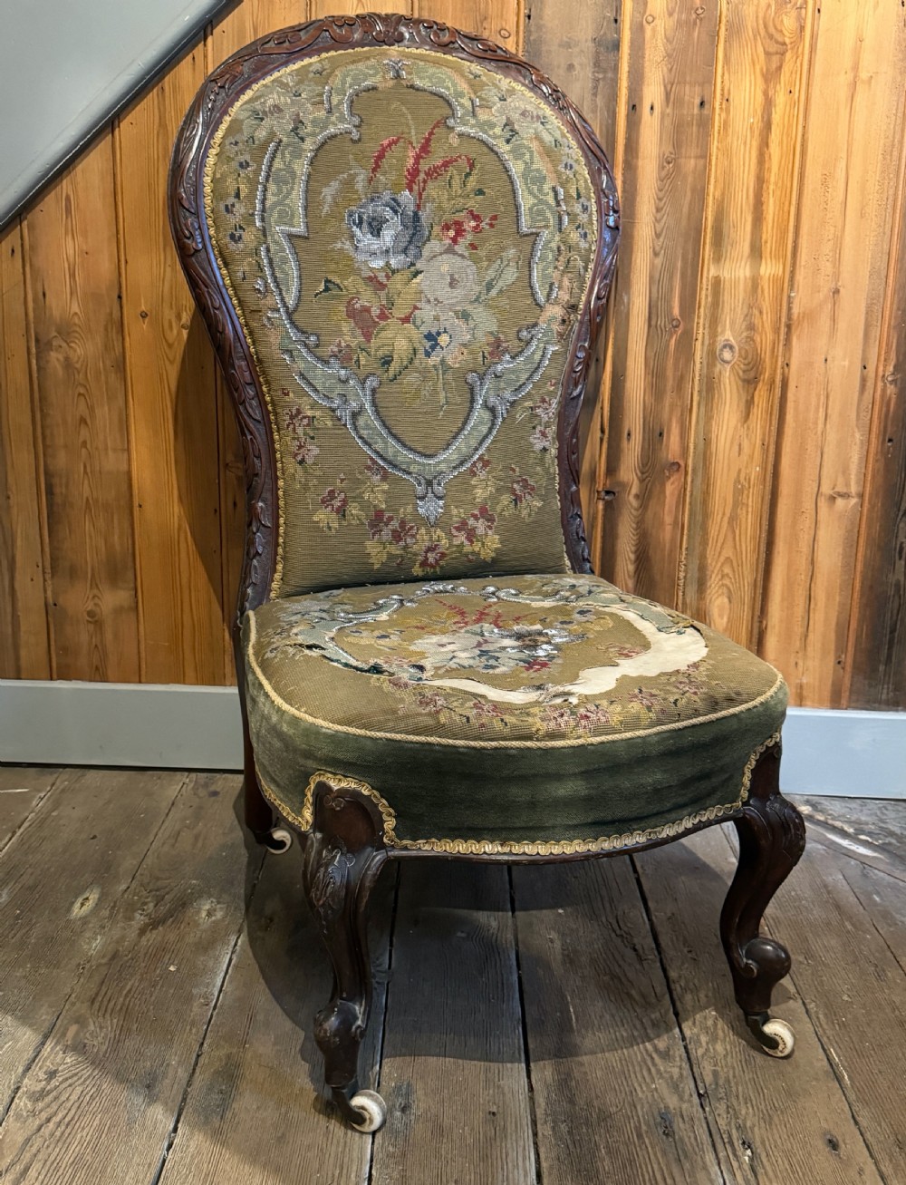 Victorian needlework & beadwork upholstered walnut nursing chair View II
