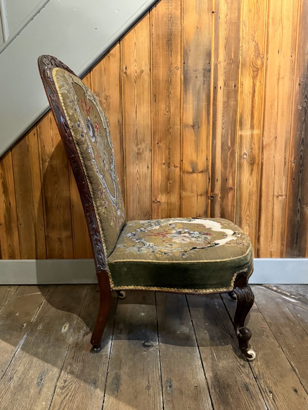 Victorian needlework & beadwork upholstered walnut nursing chair View III