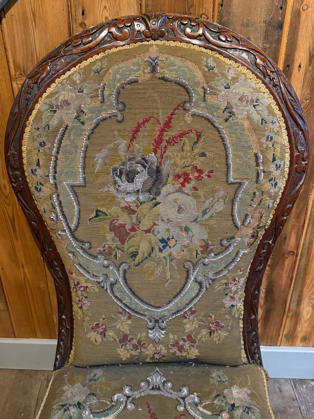 Victorian needlework & beadwork upholstered walnut nursing chair View IV