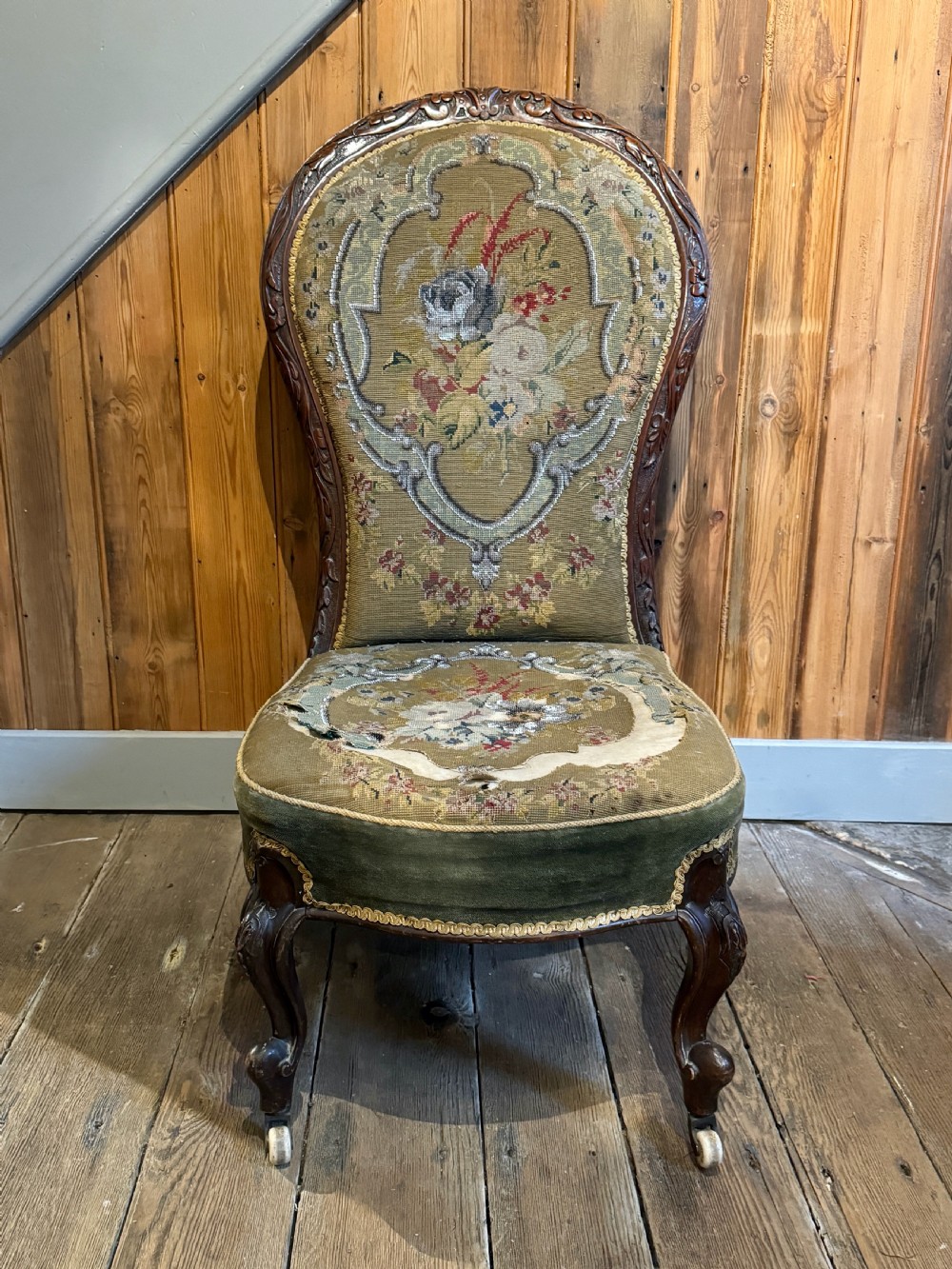 Victorian needlework & beadwork upholstered walnut nursing chair View V