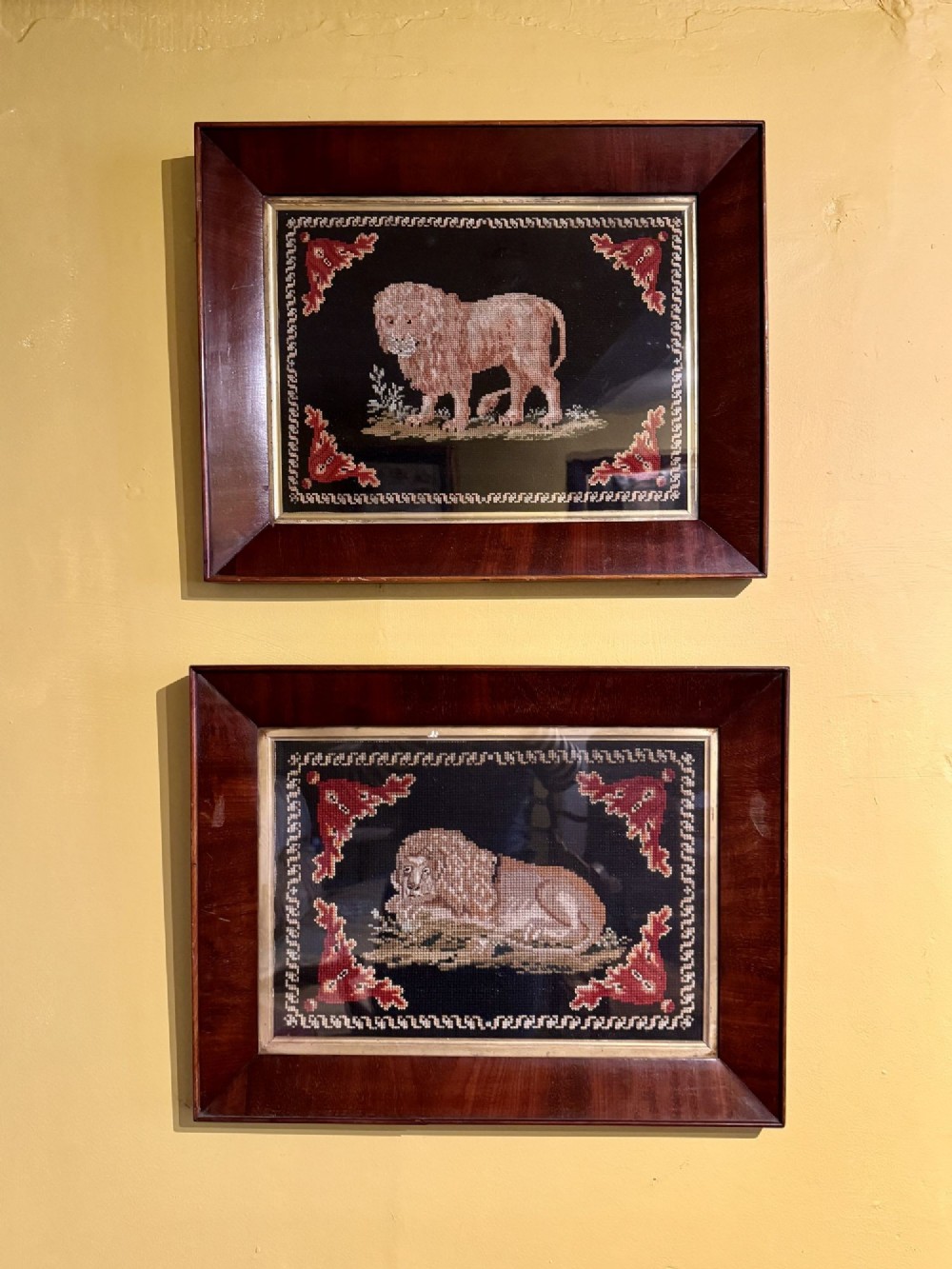 Pair of Victorian Woolwork Tapestry Pictures of Lions circa 1840