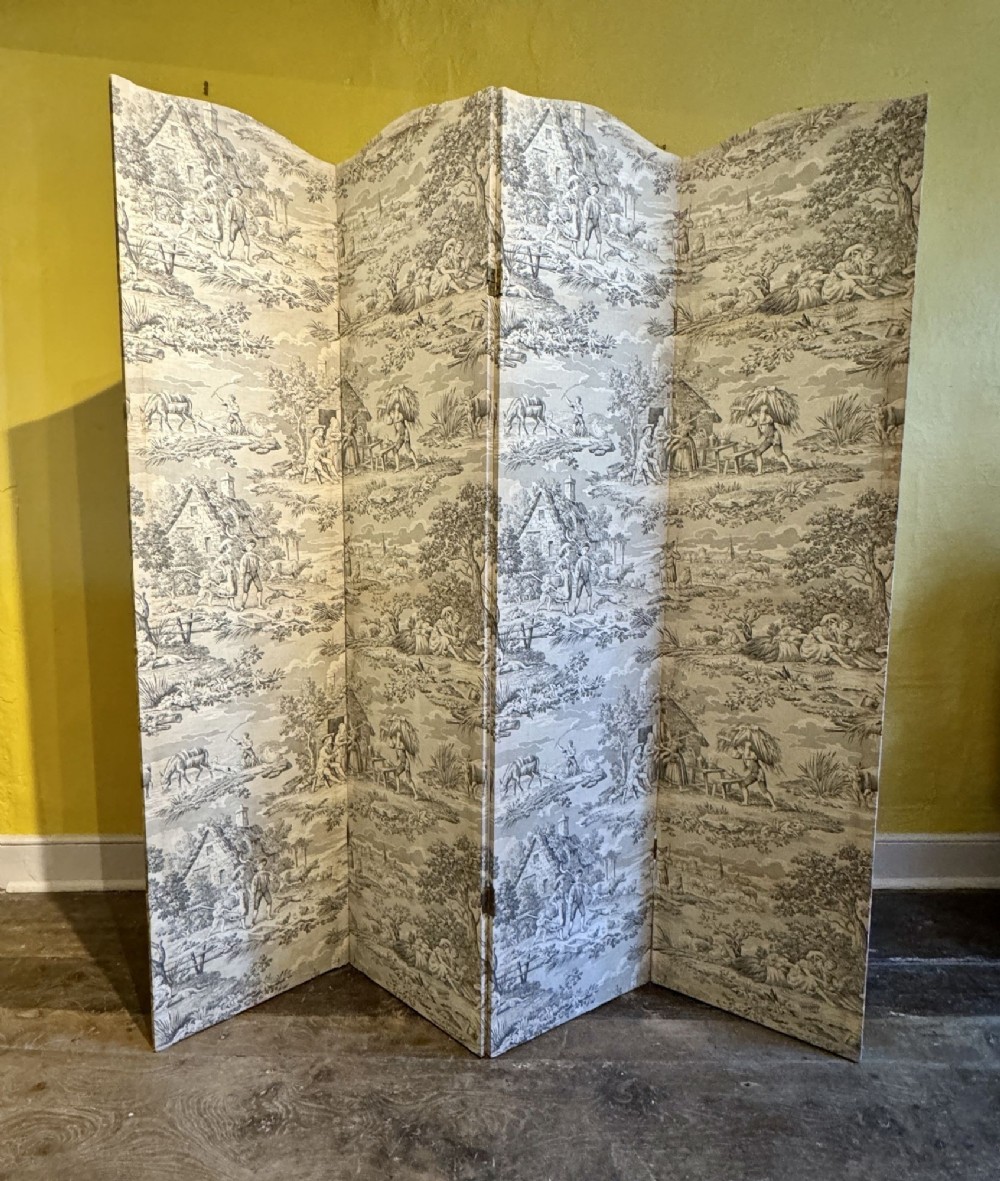 Vintage Four Fold Black & White Toile Covered Dressing Screen