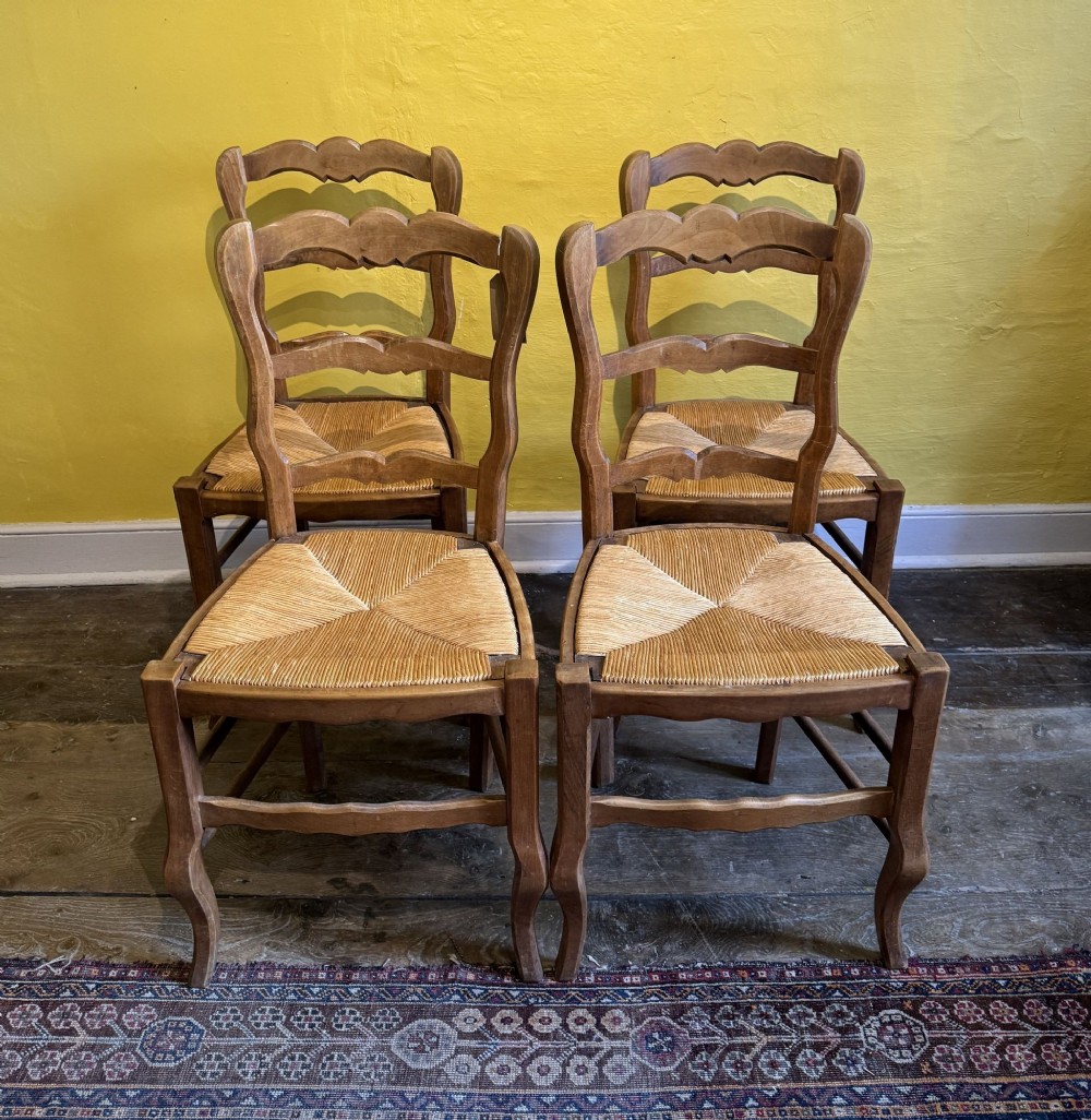Set of Four Vintage French Provencal Rush Seated Ladder Back Chairs