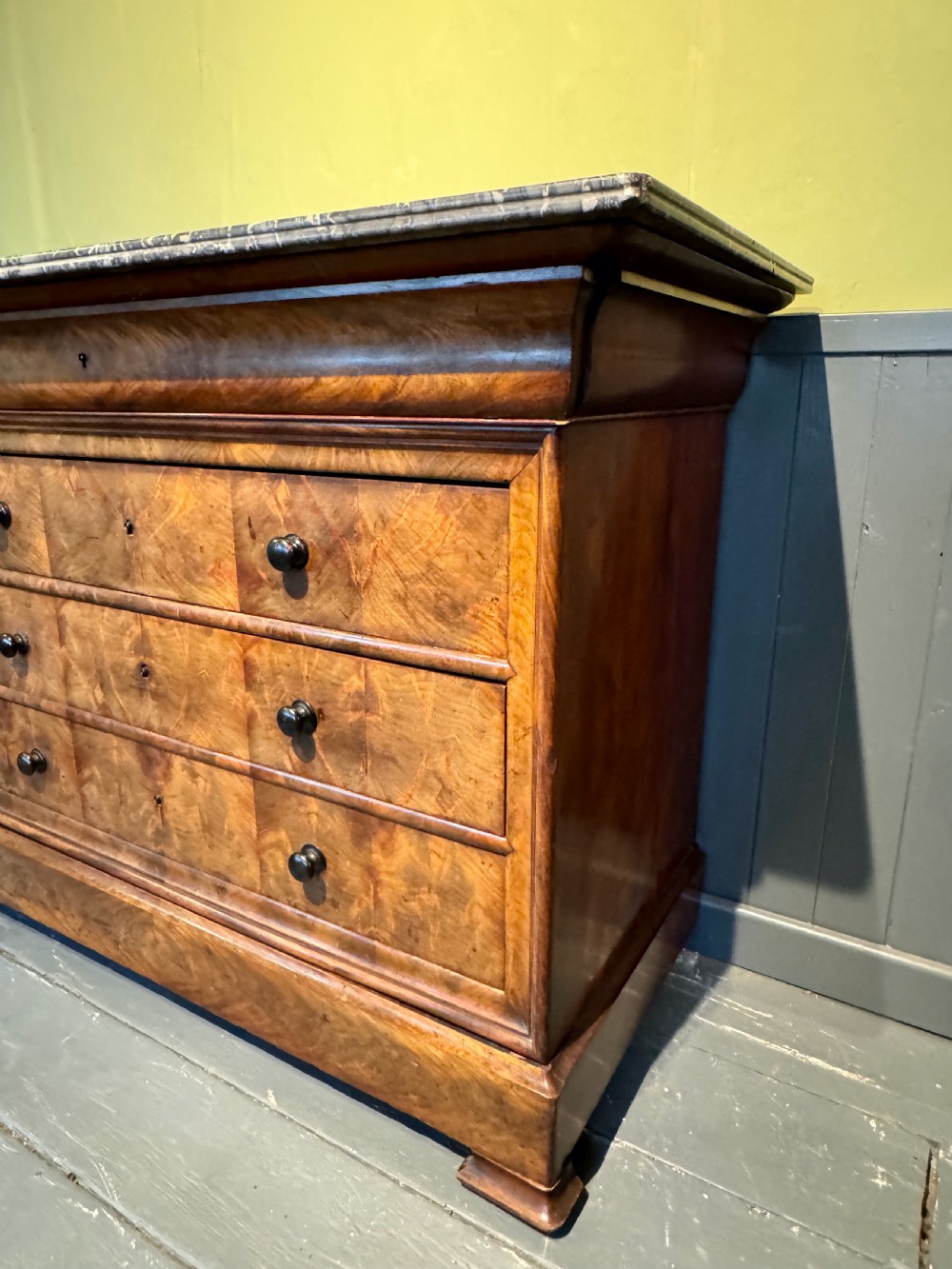 Antique French Louis Philippe Flame Mahogany Marble Top Commode View VI