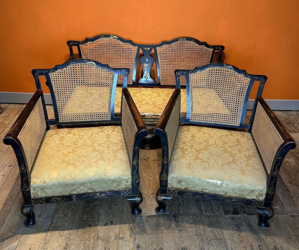 Antique Edwardian Chinoiserie Decorated Walnut Three Piece Bergere Suite