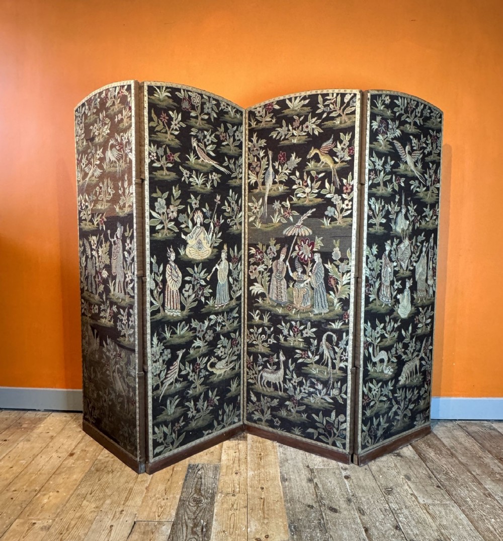 Chinoiserie Needlework Tapestry Four Fold Screen, 19th Century