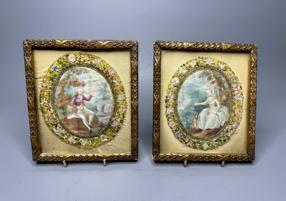Pair of Georgian Paintings on Silk with Foliate Silkwork Borders