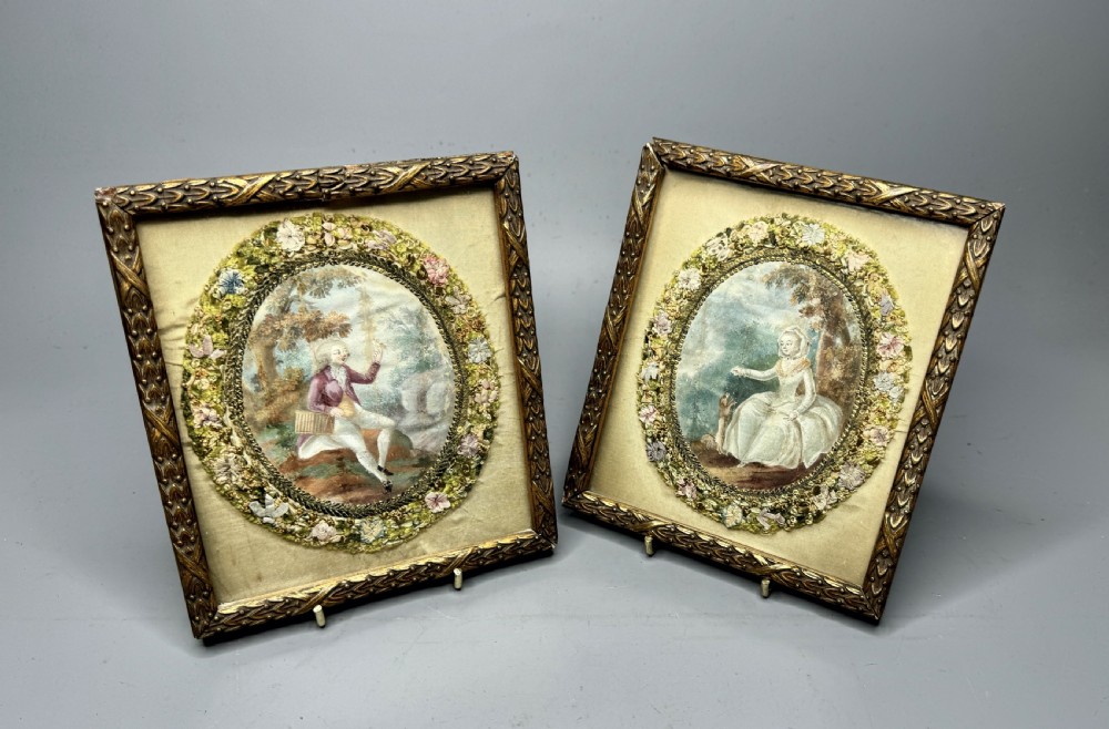 Pair of Georgian Paintings on Silk with Foliate Silkwork Borders View II