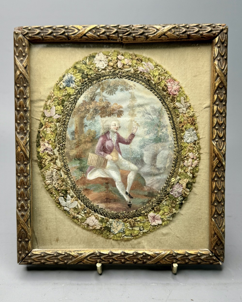 Pair of Georgian Paintings on Silk with Foliate Silkwork Borders View III