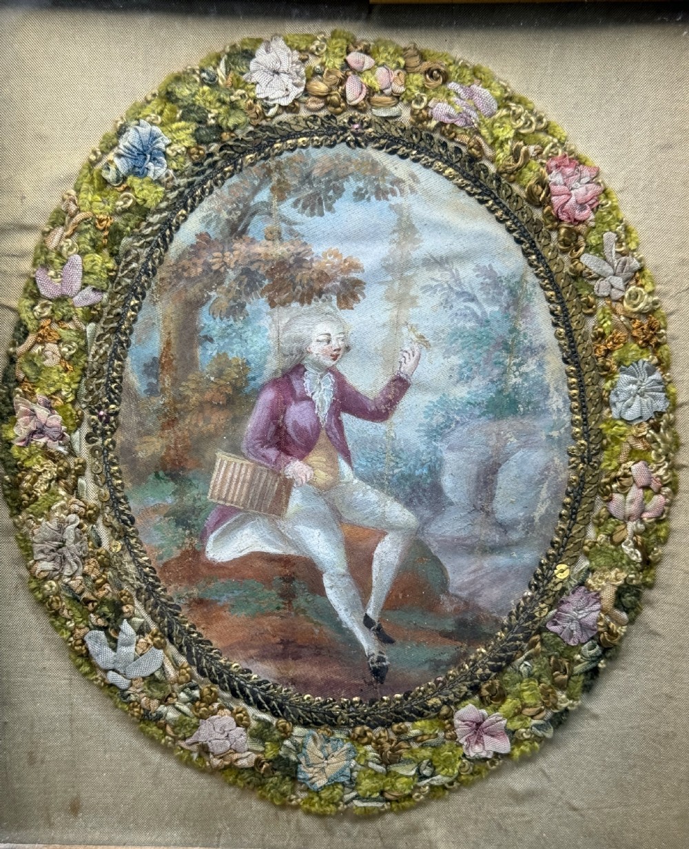 Pair of Georgian Paintings on Silk with Foliate Silkwork Borders View IV