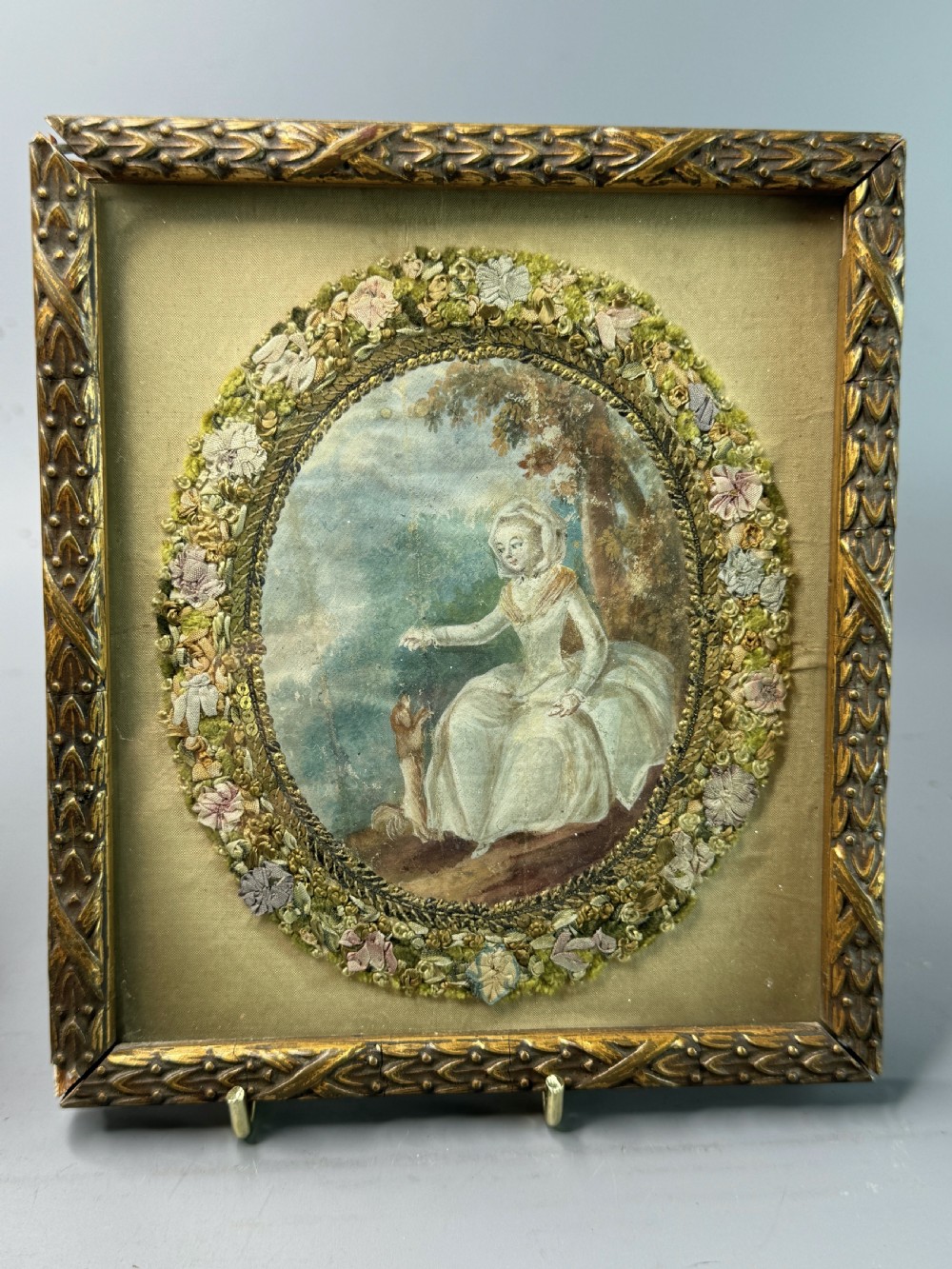 Pair of Georgian Paintings on Silk with Foliate Silkwork Borders View VI