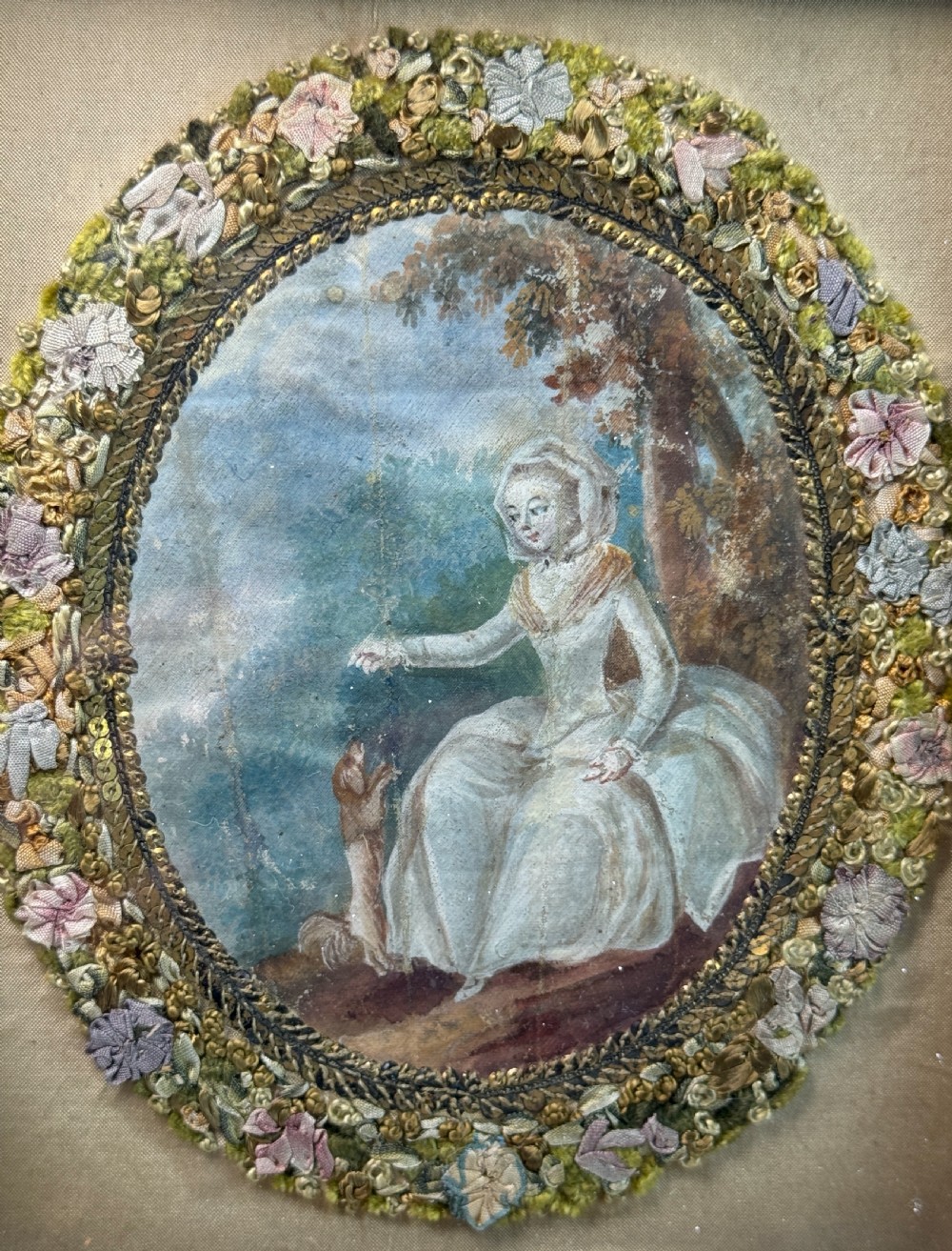 Pair of Georgian Paintings on Silk with Foliate Silkwork Borders View VII